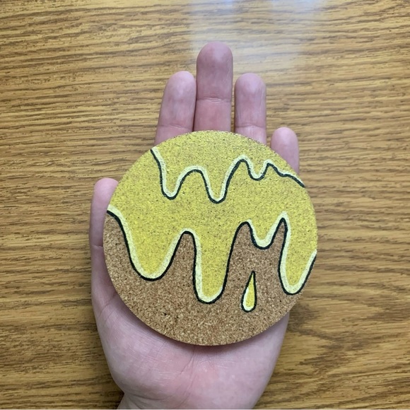 Yellow Grime Drip Painted Cork Coaster - Picture 2 of 4
